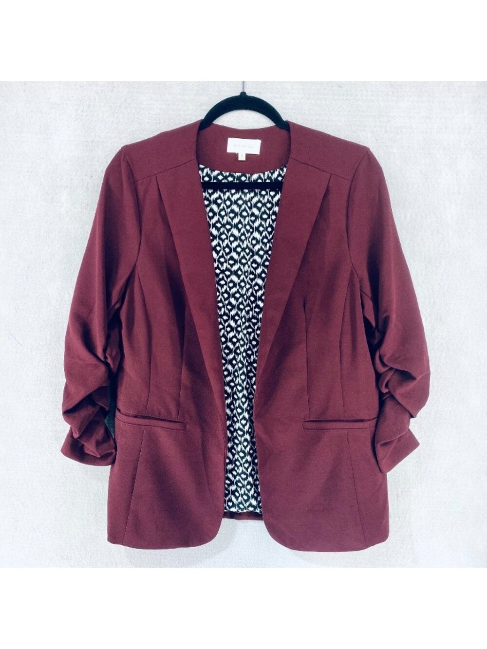 Skies are Blue Blazer Womens M Burgundy Stretch Ruched Sleeve Jacket Preppy